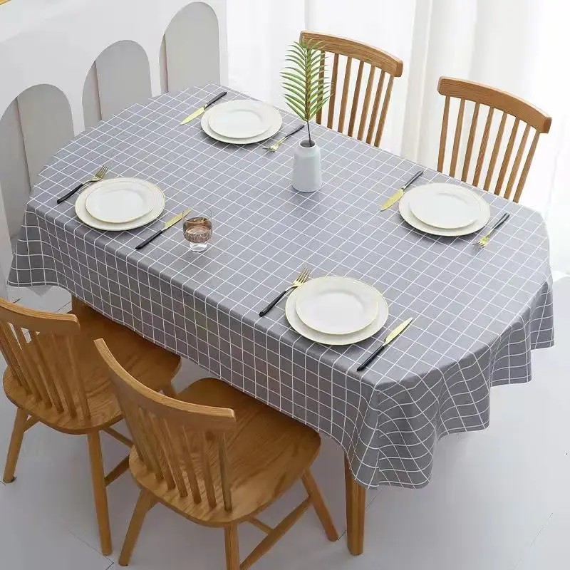 Tablecloth Oval 200cm Gray Plaid PVC Waterproof Table Cover Modern Style for Dining Table Cloth