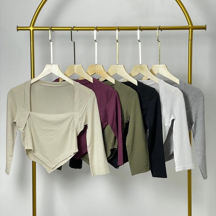 (Allthebest) Crop Top Square neck LongSleeve Knit / Atasan Lancip Lengan Panjang Rib / Atasan Wanita