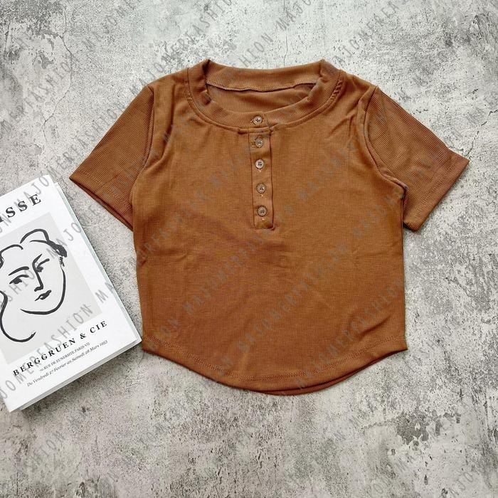 (Allthebest) Majomer Wiggle Crop Top Lengan Pendek - Atasan Wanita Kancing Rib Crop