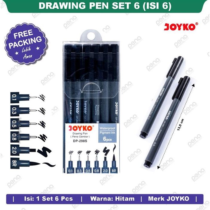 

isi 6 Drawing Pen Set JOYKO DP-298S Spidol Brush Calligraph Hitam Pena
