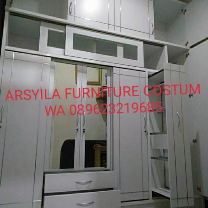 Lemari Sliding Hijab 5 Pintu+Sliding Kaca Atas+Lemari Atas 4 Pintu