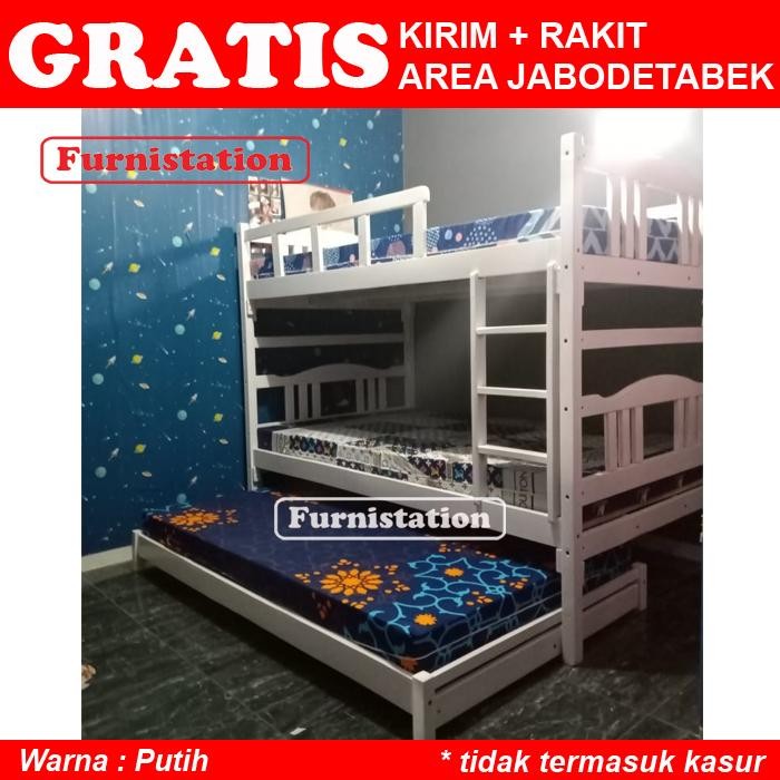 Ranjang Susun 3 Tingkat 120X200 / Tempat Tidur Tingkat + Sorong Kayu