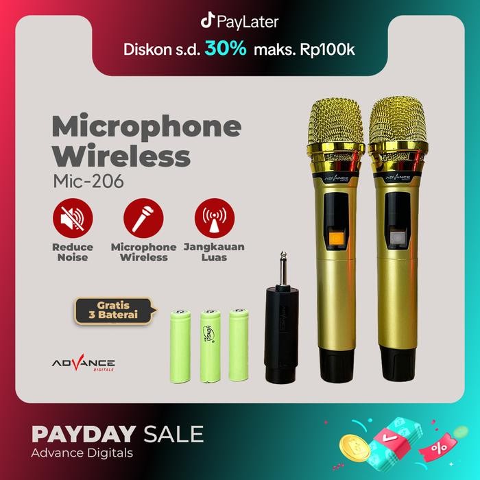 Advance Microphone Profesional 2 Mic Wireless Gold Bisa di Charger Original Wireless Mic 206