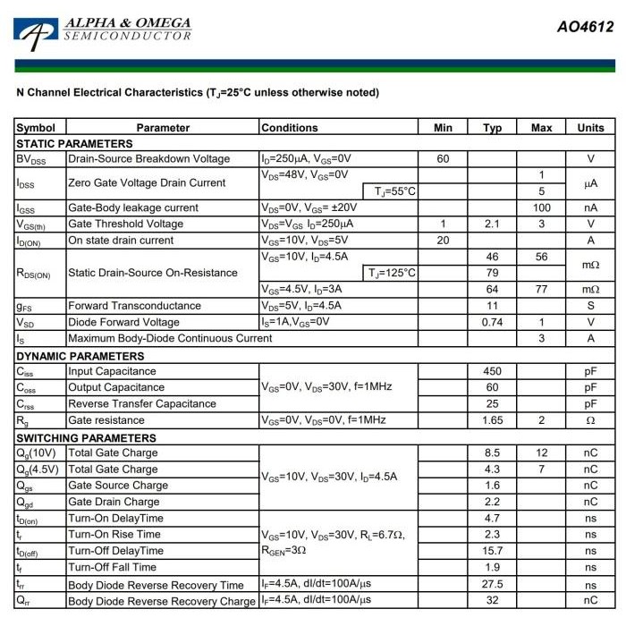 (Expert) AO4612 60V N-Channel & P-Channel Mosfet 4612 SOIC-8 Alpha Omega Origin