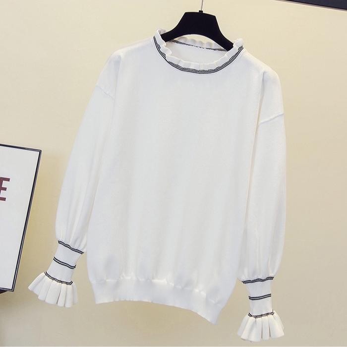(Expert) Atasan wanita rajut list putih lengan balon polos santai TF044