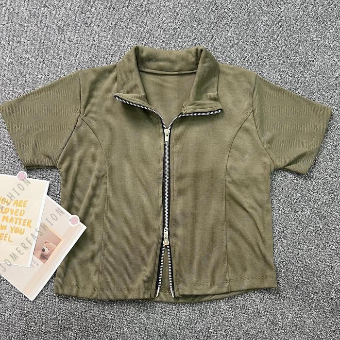 (Expert) Majomer Hariya Zipper Kerah Crop Top - Atasan Resleting Wanita
