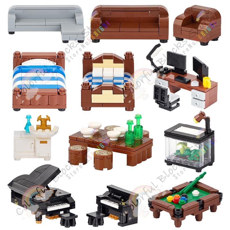 Home Furniture Moc Building Blocks Sofa Set Piano Bed Office Table Toilet Bath Wardrobe Model