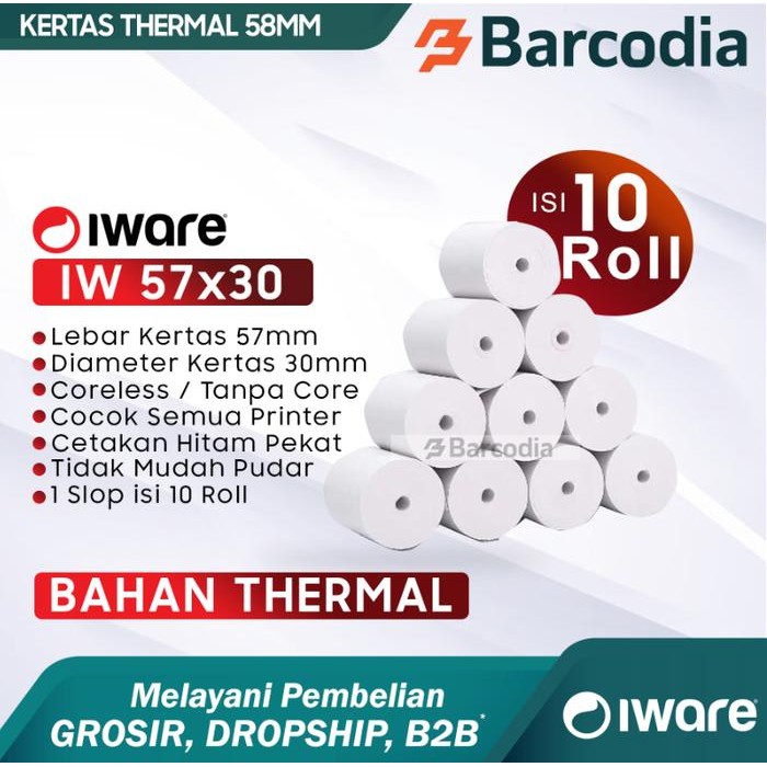 

AT PAKET ISI 10 - KERTAS THERMAL 57X30 MM KERTAS THERMAL 58MM Hitam Roll