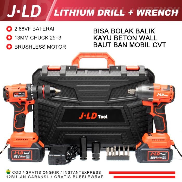JLD Mesin bor+Impact Wrench Brushless 88VF Impact baterai torsi besar