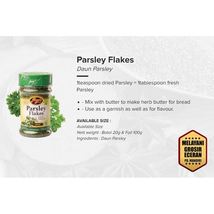 

(Expert) JAY'S KITCHEN DAUN PARSLEY 20 GR / PARSLEY FLAKES / NON MSG