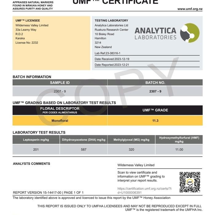 

Wilderness Valley Madu Manuka Honey Umf 10+ , 500G , Madu New Zealand