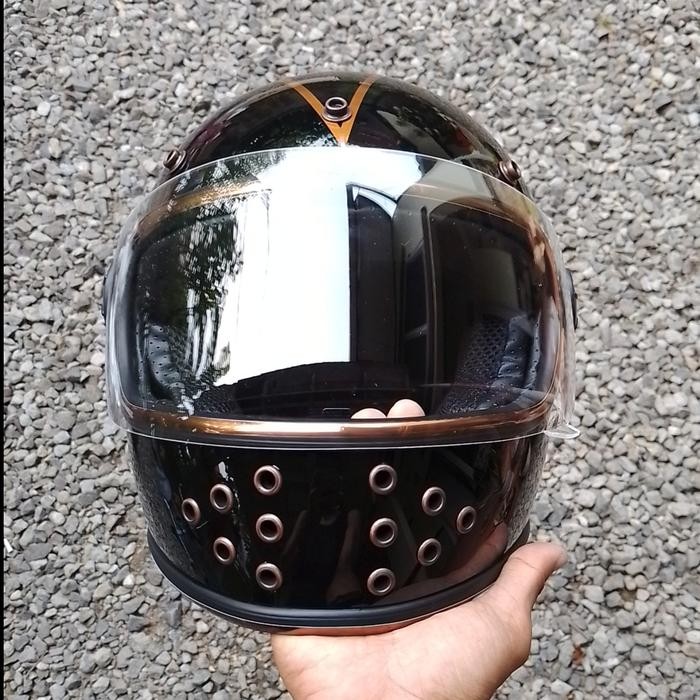 Helm Retro Hole Gringgo List Gold / Helm Classic / Sni ( Mr Helm ) Berkualitas
