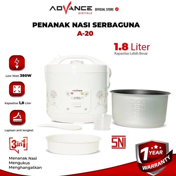 Advance A20 Rice Cooker / Magic Com 1.8 Liter 3 in 1 Bonus Gelas Ukur dan Sendok Nasi