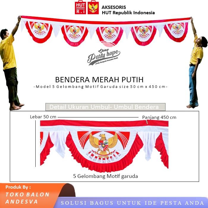 Bendera Merah Putih Gelombang motif garuda / Bendera Kain Merah Putih 5 Gelombang / Bendera