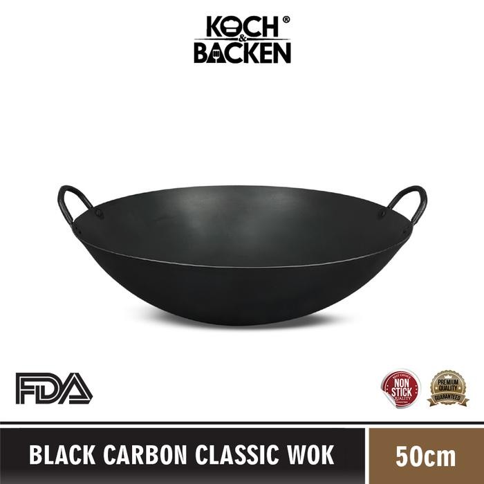 KOCH&BACKEN Black Carbon Steel Classic Wok 50cm Wajan Baja Size Besar *