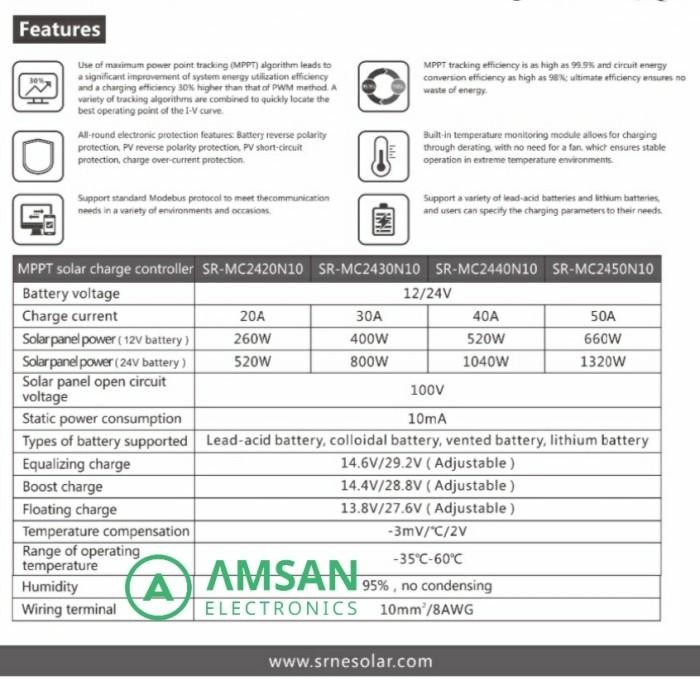 Srne Mppt 20A 30A 40A 50A Solar Charge Controller Scc Mc24**N10