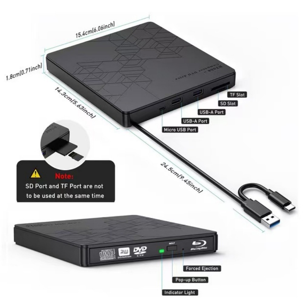 5-in-1 External Blu-ray DrivePortable BD-RW Optical Drives BD DVD CD Burner Player Reader for Laptop