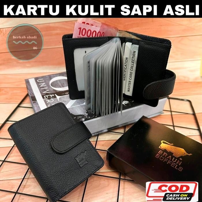 Dompet kartu-Card Holder Dompet ATM pria wanita kulit asli tipe kancing Hitam Kartu Uang