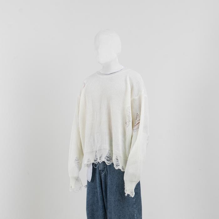 NOMADSTUDIO Reborn - White Distressed Oversized Knit Sweater