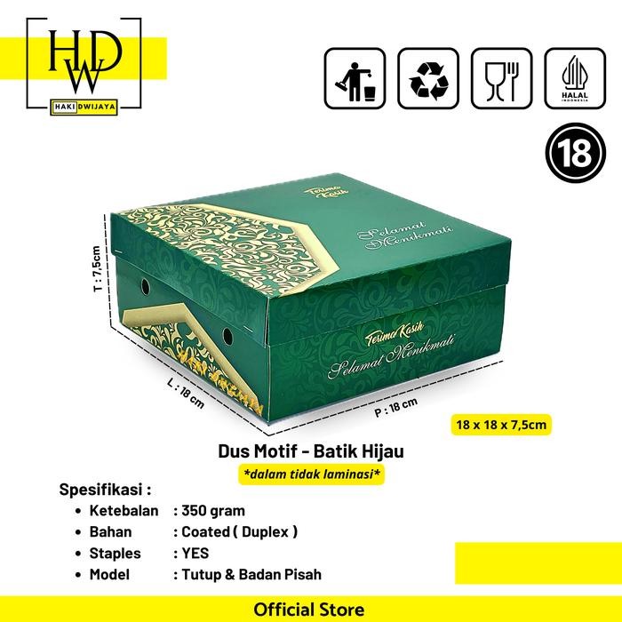 Baha - [50Pcs] Dus / Kotak Nasi 18X18X7,5Cm Full Colour - Motif Batik Hijau