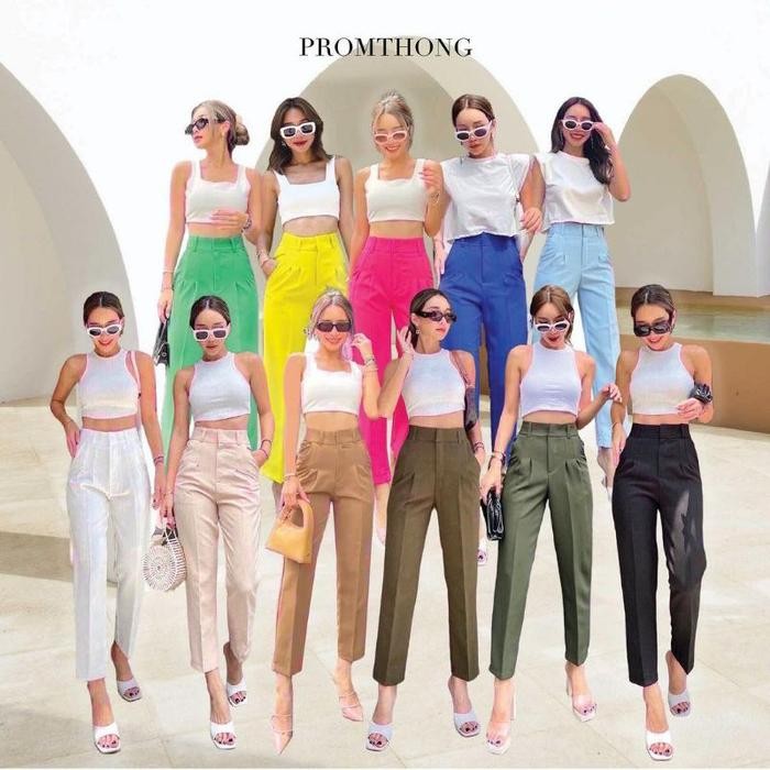 Celana Promthong ZD01 7/9 High Waist Kancing Kait Katun Tidak Stretch Bangkok Wanita
