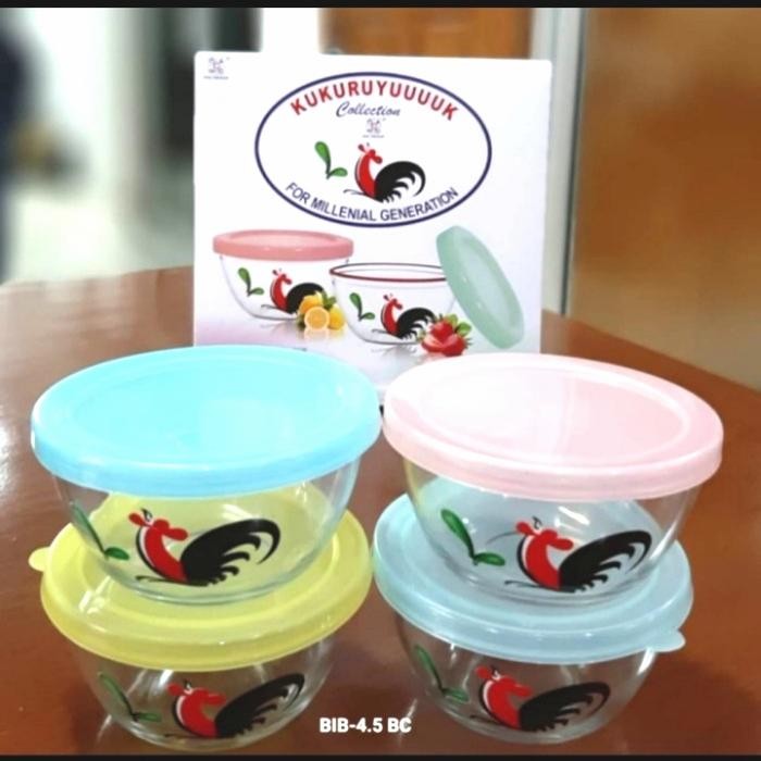 Mangkok Kaca Motif Ayam / Mangkok Tutup Isi 4 Pcs Murah