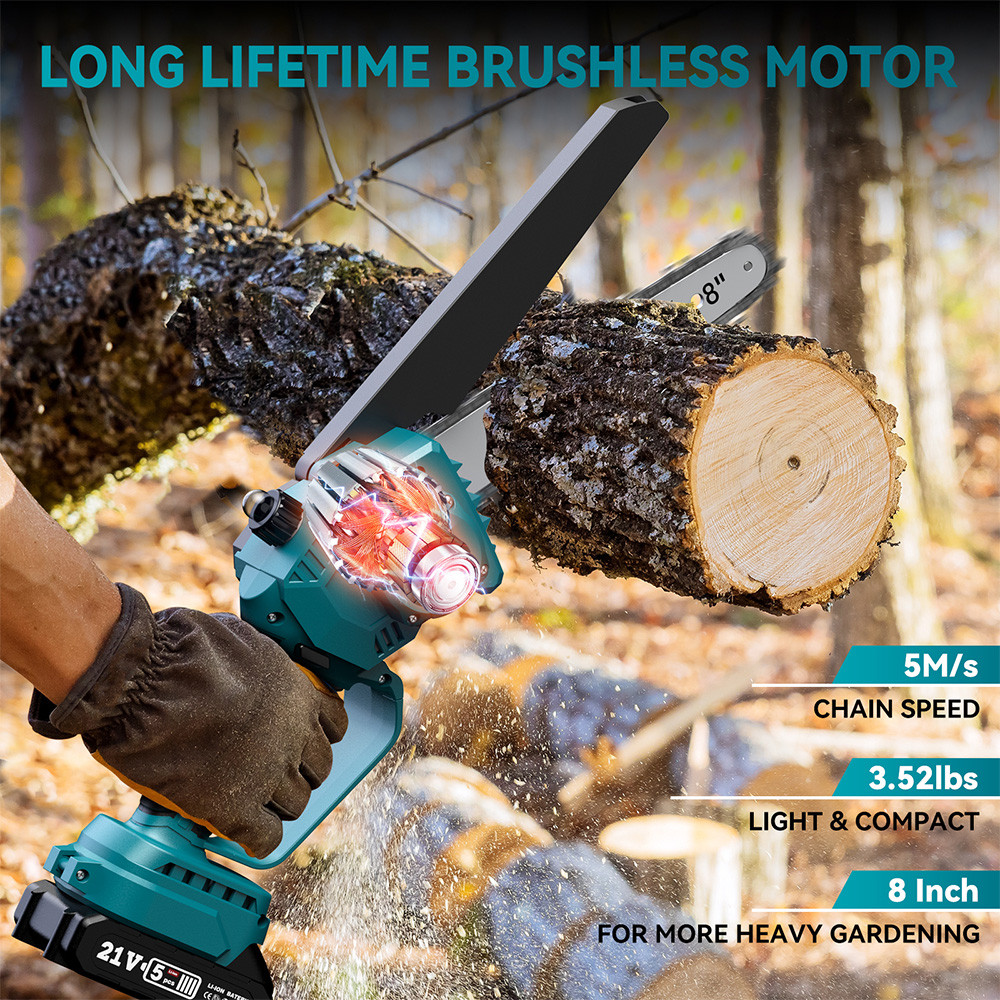 SEESII 8 Inch Brushless Electric Chainsaw Cordless Rechargeable Woodworking Garden Pruning Saw Tool 