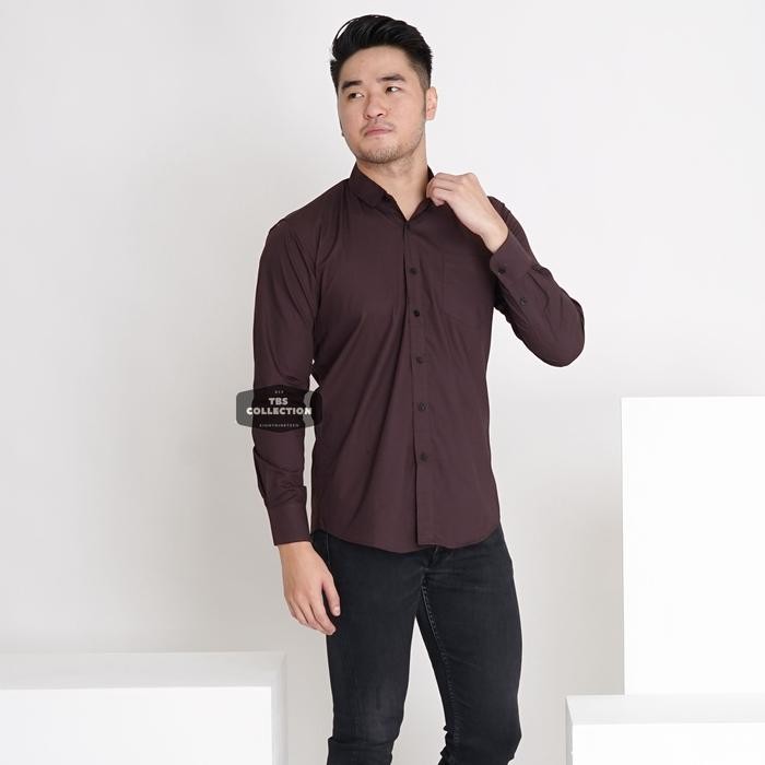 B13J Baju Hem Kemeja Lengan Panjang Pria Coklat Dark Brown Polos Cowok 3242
