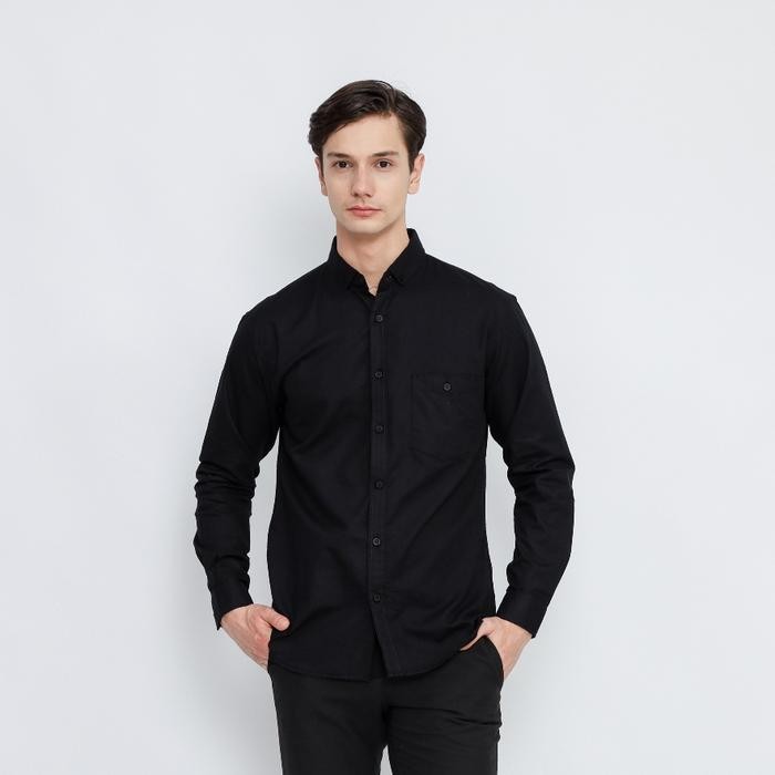 B13J Kemeja Polos Flanel Lengan Panjang Pria Premium Quality Warna Hitam