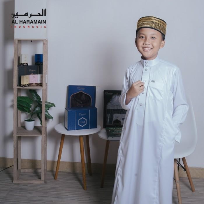 Al Haramain Jubah / Gamis Pria Anak & Remaja Premium Poly Katun (09) Putih Putih Tulang Gold Light