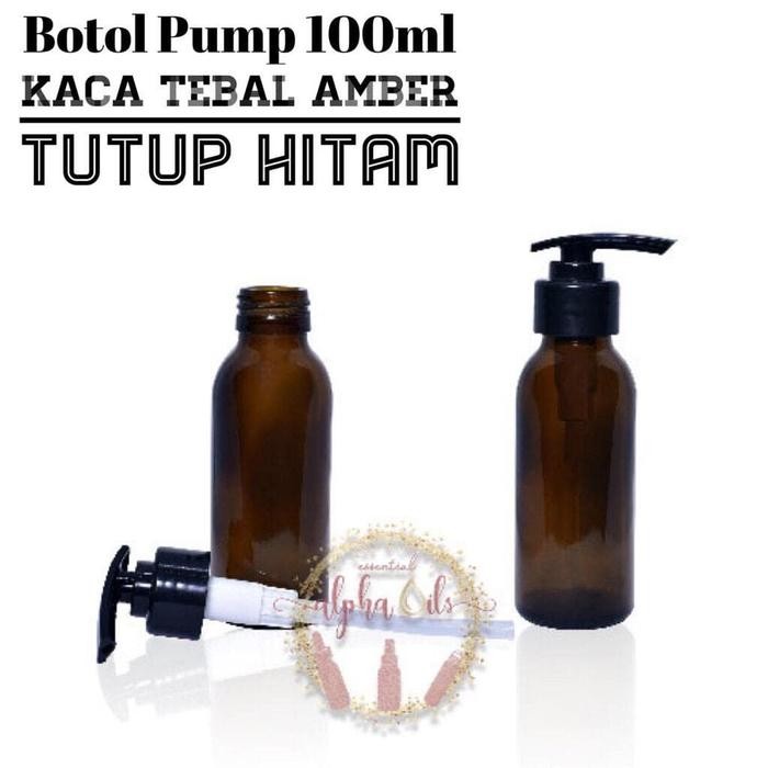 QZPI Botol Serum Pump 100Ml Kaca Tebal Amber - Tutup Hitam