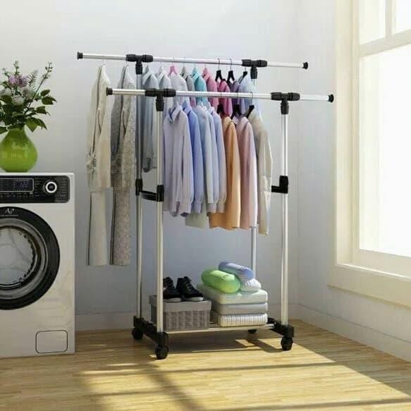 PREMIUM Stand Hanger Double Rak Jemuran Baju Portable 4 Roda