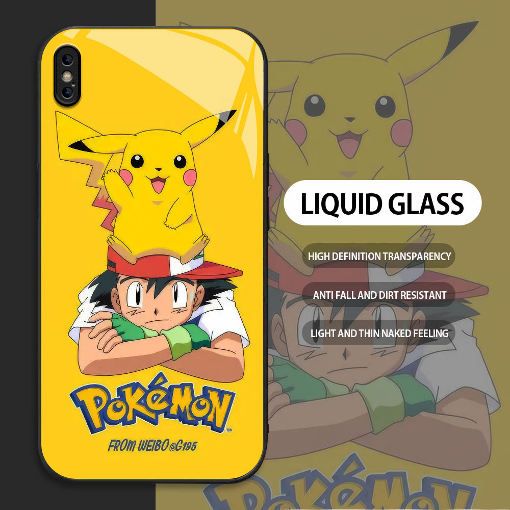 For Apple iPhone X XR XS MAX Casing Handphone  cute Pikachu Glass kesing Phone Case edge Silicone co