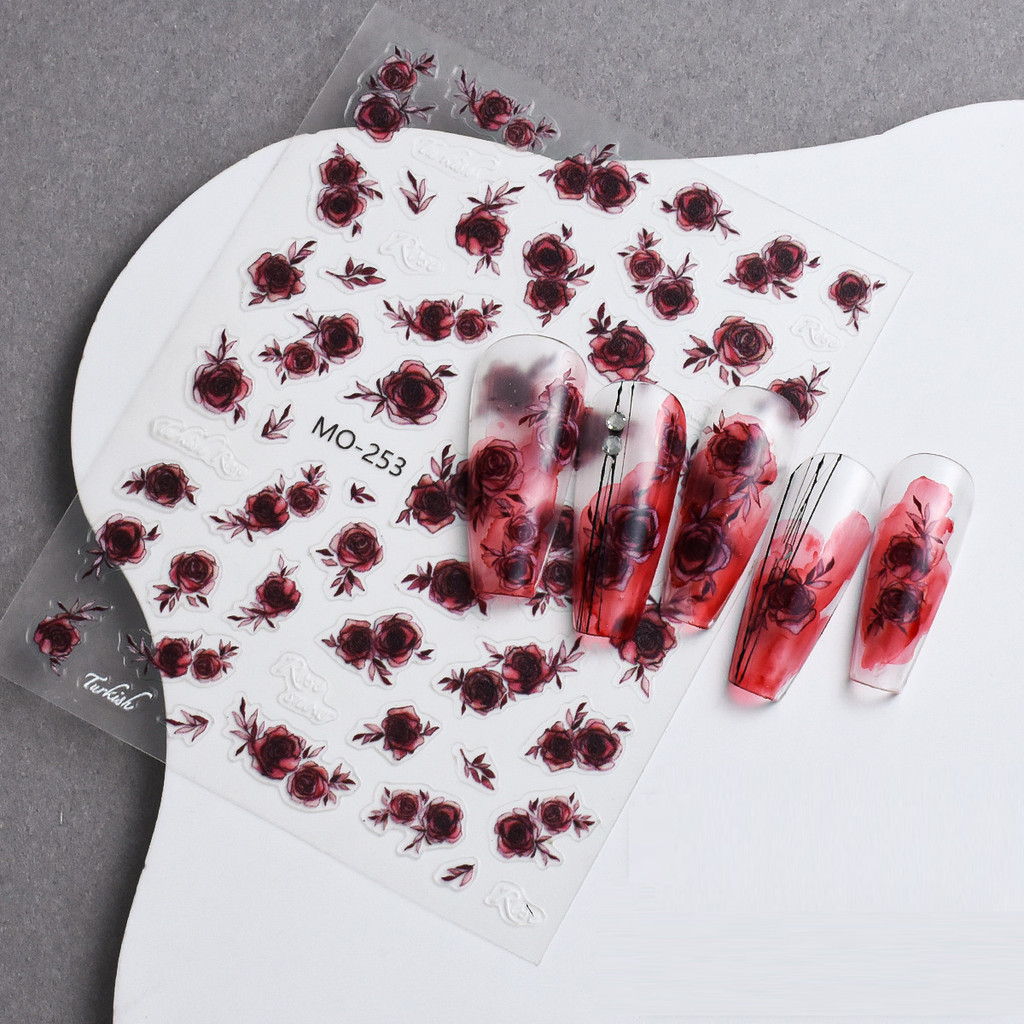 

3pcs Semi-transparent rose nail stickers retro gothic style black white red dried rose nail decals