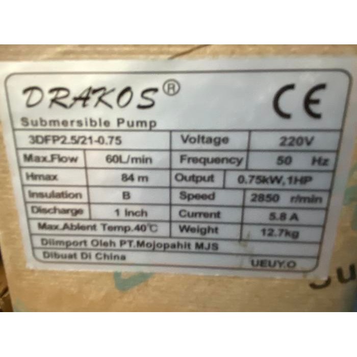 Pompa Submersible satelit Drakos 1 HP + Barepump SP 2,5-21 Noril