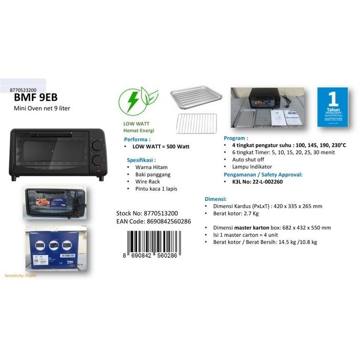 BEKO 9L Mini Oven dengan Pemanggang BMF9EB / BMF 9 EB