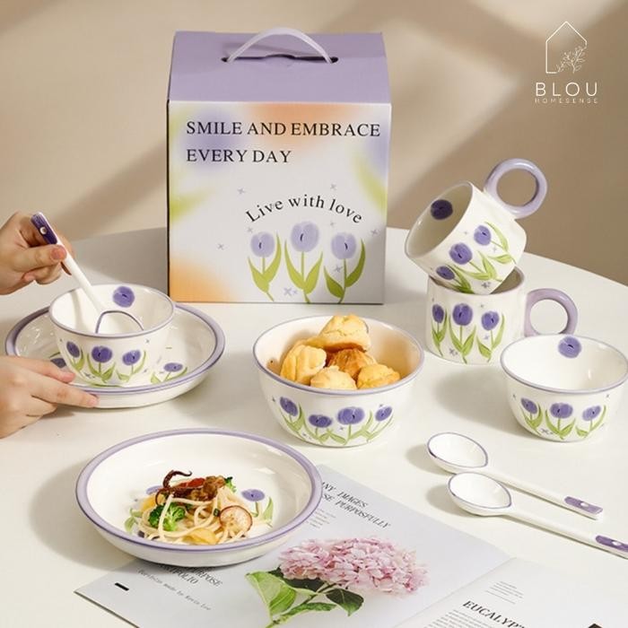 Blou Gift Set Hampers Piring Keramik Bunga Tulip Cantik Mewah