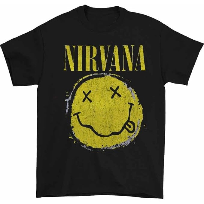Kaos Nirvana Worn Out Smiley Amplified Vintage Hitam Katun Unisex Pria Wanita