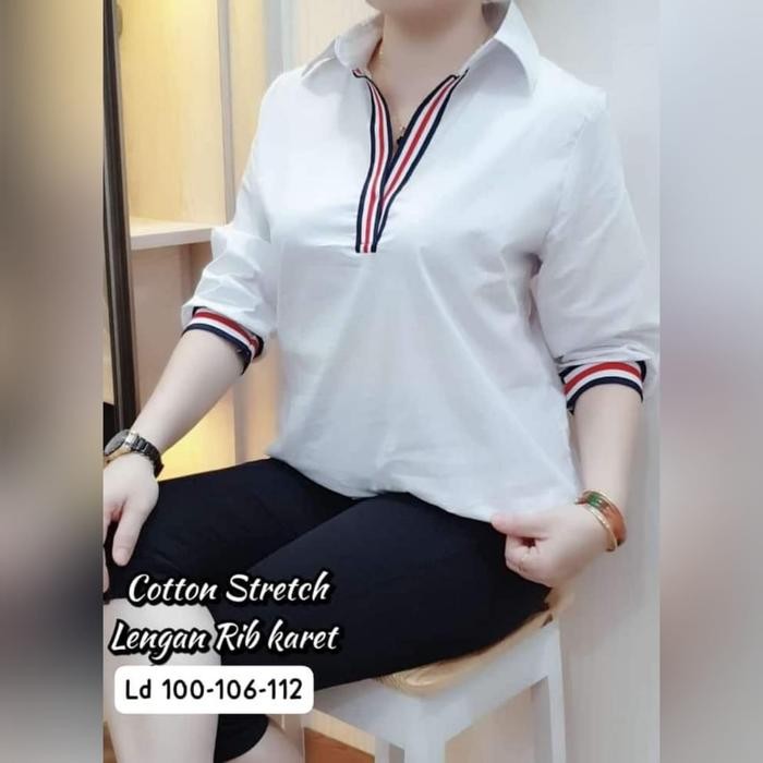 Kemeja Wanita Putih Casual Cotton Stretch V-Neck Kemeja Korea Kemeja Putih Baju Katun - Atasan Putih
