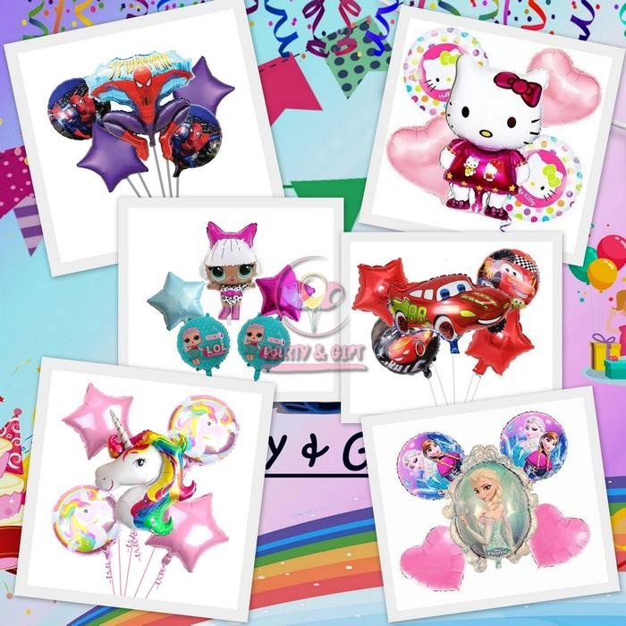 

Terlaris Balon Foil Karakter Set 5 in 1Spiderman LOL Kitty Frozen Cars Unicorn SALE