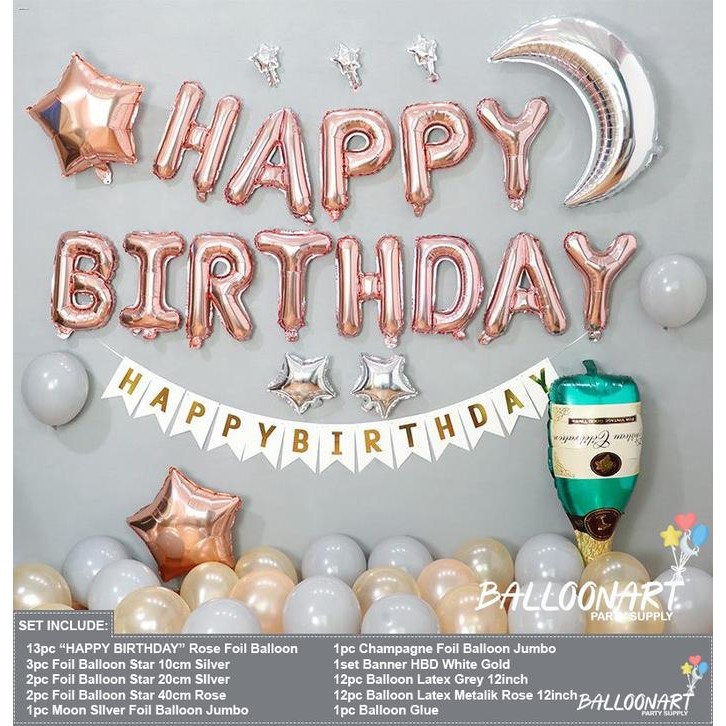 

Terlaris DEKORASI HAPPY BIRTHDAY ROSE & SILVER MOON/BALON FOIL BULAN SALE