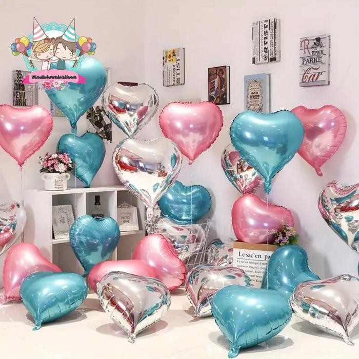 

Terlaris Windblown Balloon Foil Valentine Set Love Heart Shape in Silver, Blue and Pink SALE