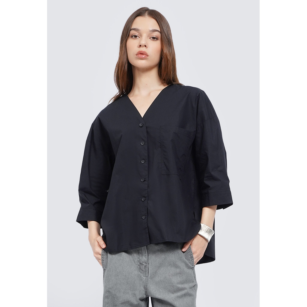 ET CETERA V-Neck 3/4 Sleeve Blouse BLACK