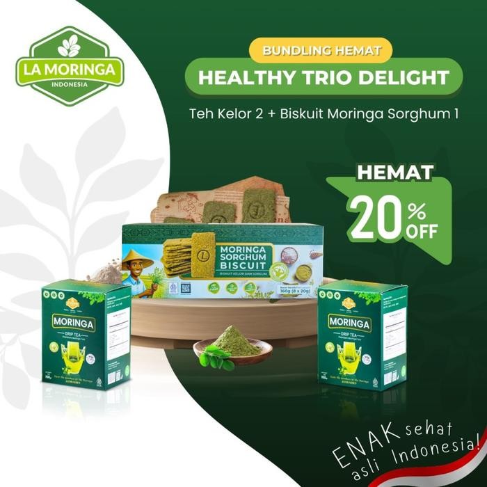

La Moringa Paket Bundling Healthy Trio Delight : 2 Teh kelor (Moringa Drip Tea) + 1Morghum Biskuit