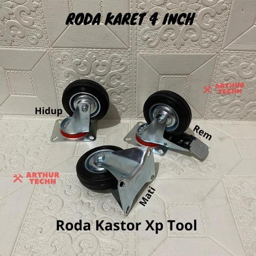 Roda Karet Hidup Mati Rem 4" Inch Karet Troli Gerobak *
