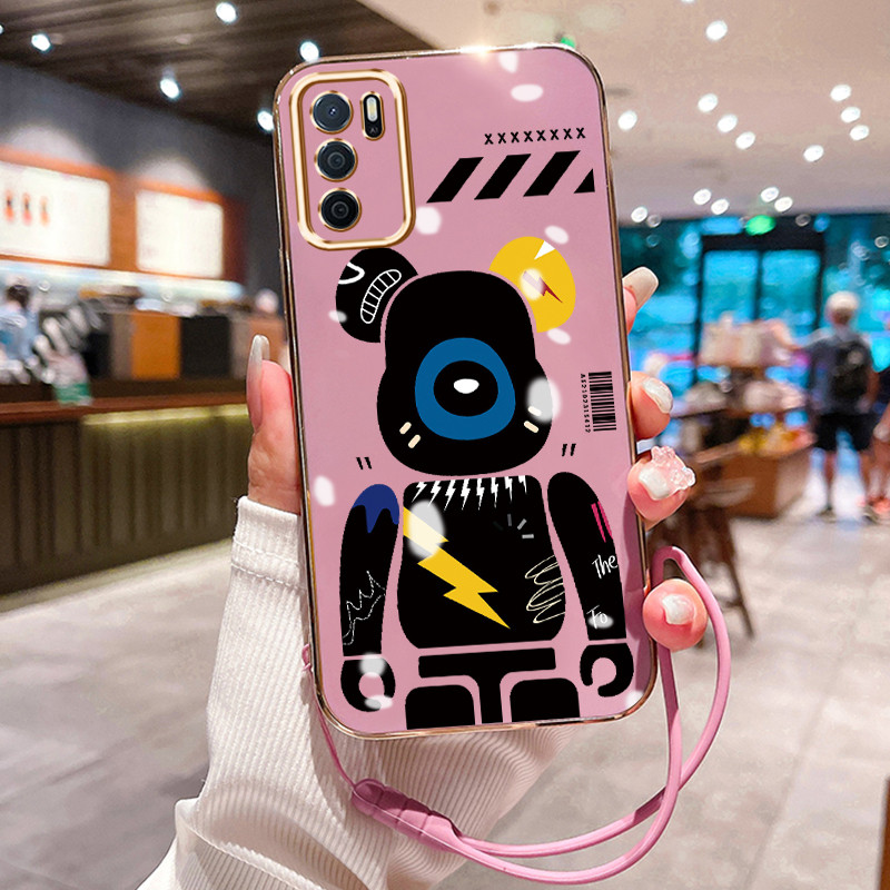 Casing Hp Untuk OPPO A16 A16s A54s A16K A16E Case Beruang Robot Pelapisan Mewah Cesing Lanyard ponse