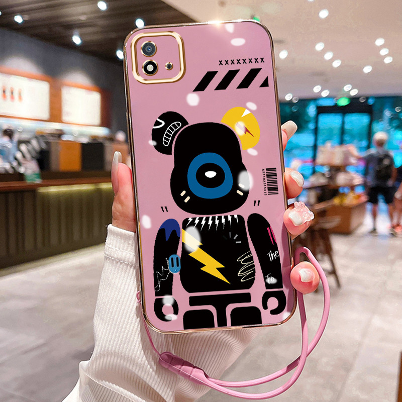 Casing Hp Untuk Realme C20 C20A C11 2021 C11 2020 Case Beruang Robot Pelapisan Mewah Cesing Lanyard 