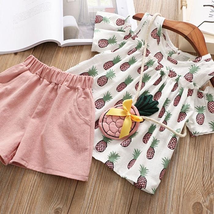 Setelan Anak Perempuan Sabrina Motif Nanas + Tas Selempang