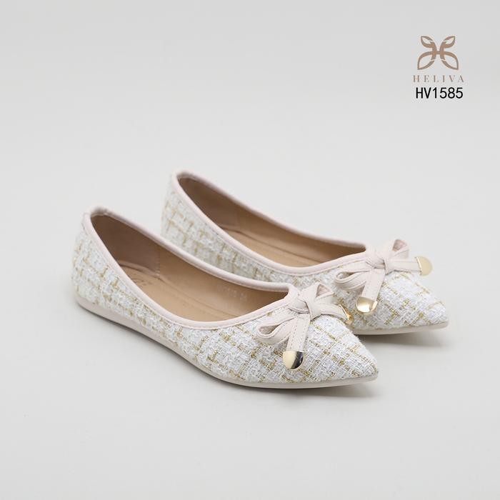 dap HELIVA COCO Sepatu FlatShoes Tweed Pointed Toe Aksesoris Pita Emas Wanita Sol 1cm HV1585