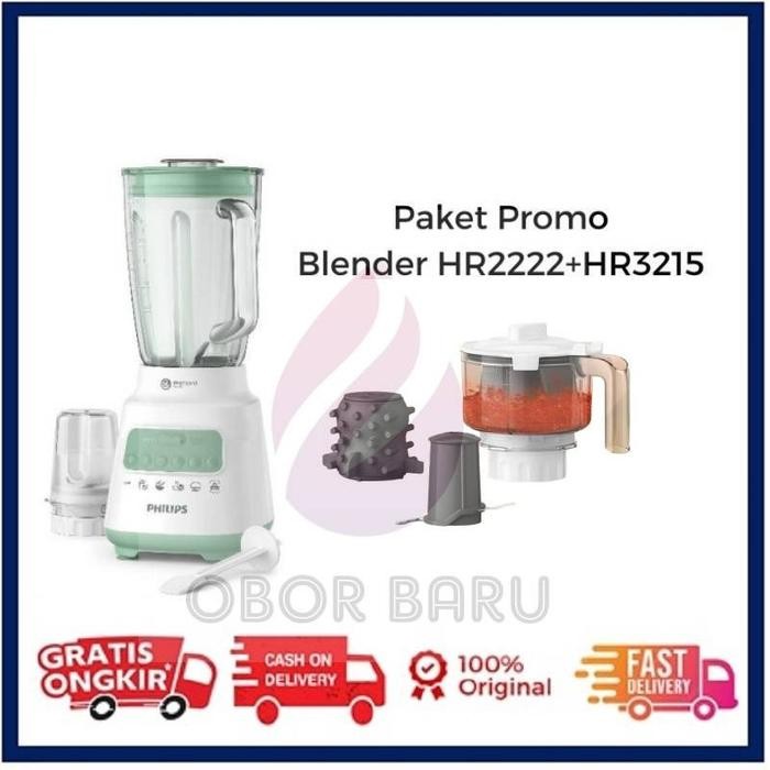 BISA GRAB Philips Bundling Blender Kaca 2L HR2222 Hijau + Chopper